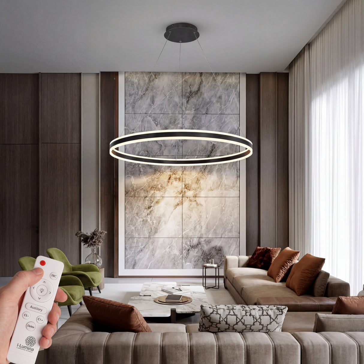 Lampara colgante de aro LED negro para sala moderna con control remoto en i-Lumina Peru.