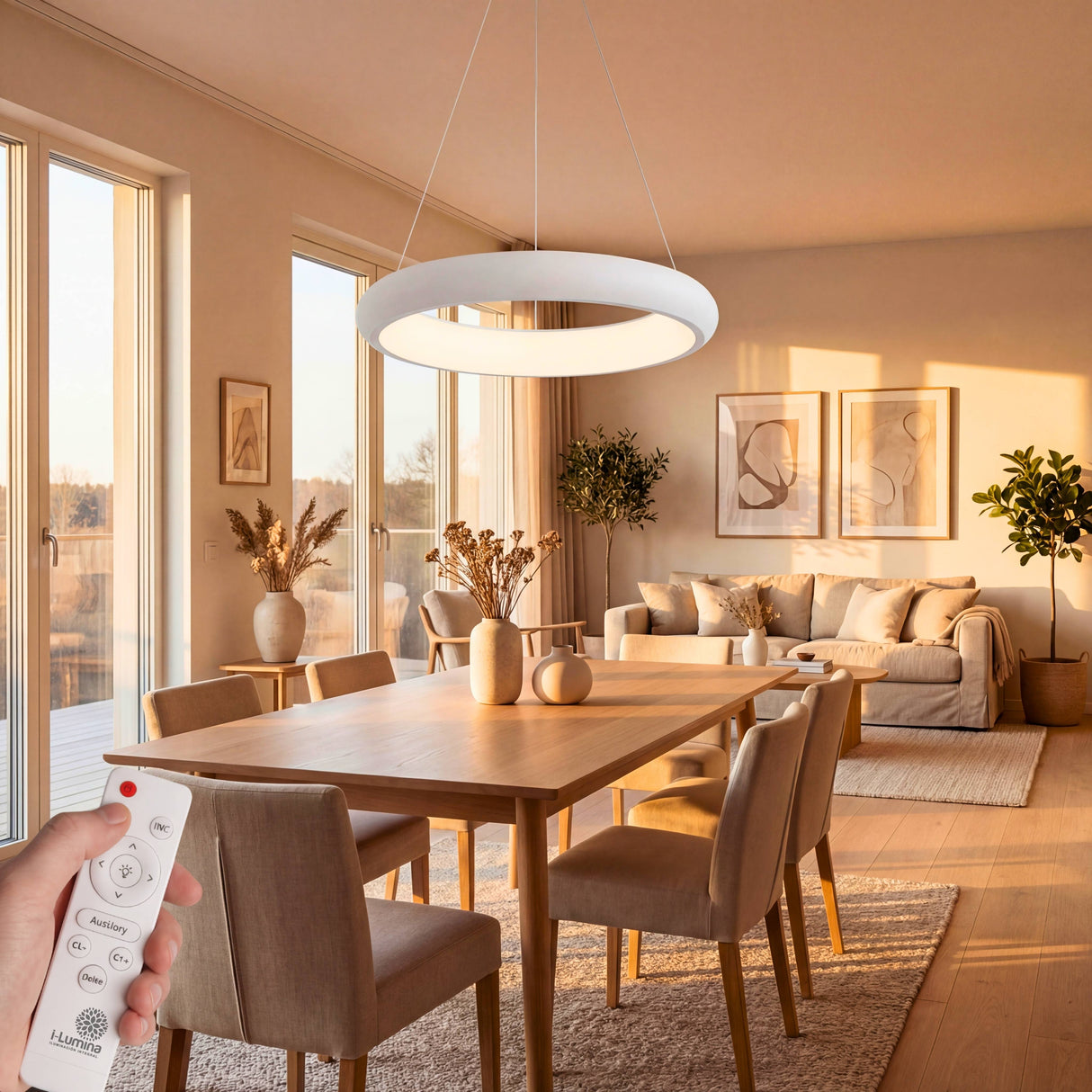 Iluminación de alta eficiencia sobre mesa de comedor de madera en estancia con luz natural.