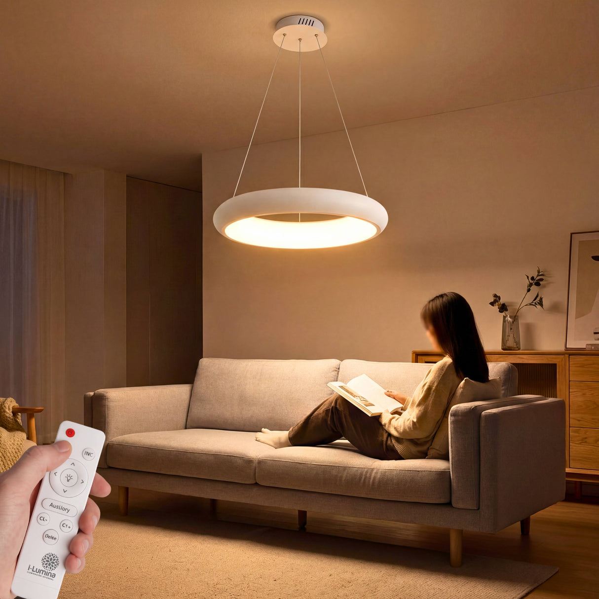 Luminaria LED circular blanca sobre sofá gris en salón de diseño nórdico con luz cálida.