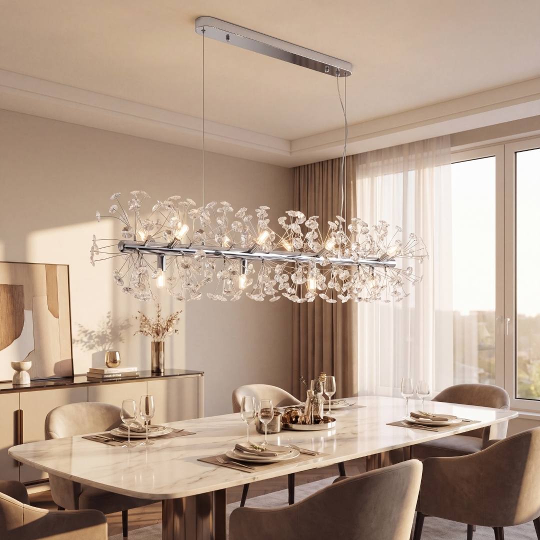 Comedor moderno con lámpara colgante de cristal cromada sobre mesa de mármol