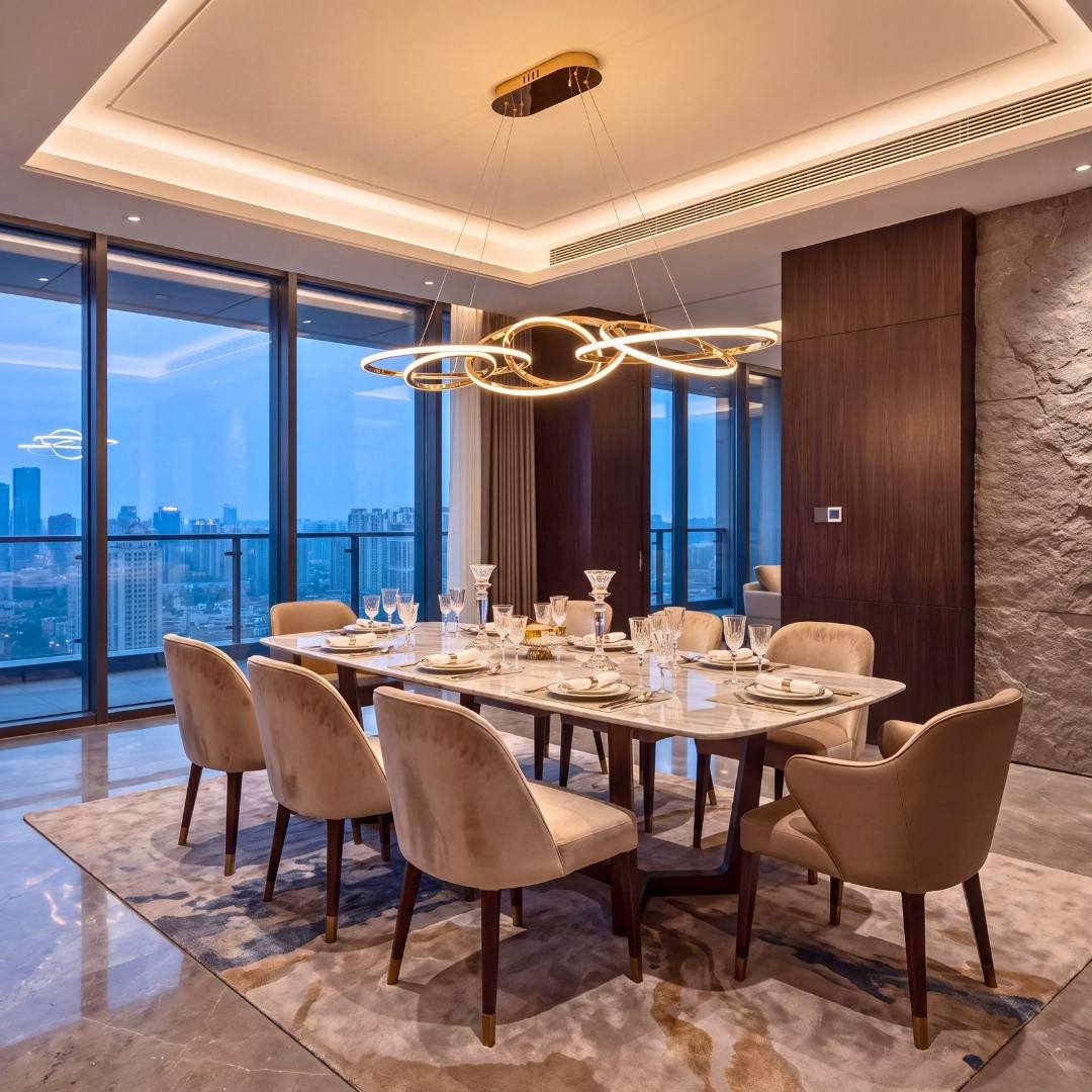 Lámpara colgante de anillos dorados iluminando un comedor moderno con luz cálida