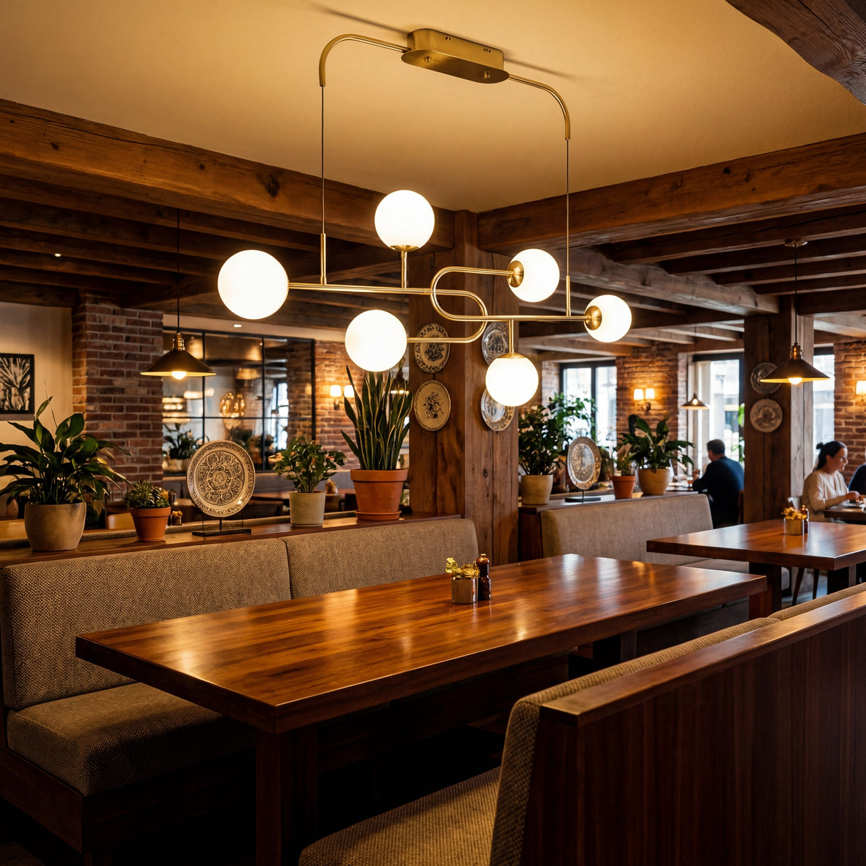 Lampara de techo lineal dorada con esferas blancas en salon de restaurante rustico moderno.