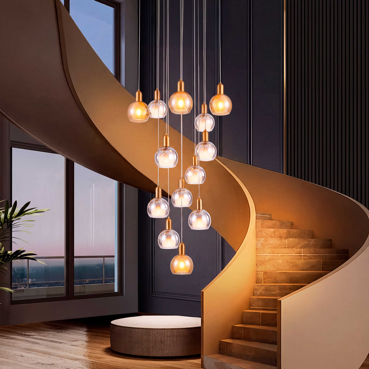 Lámpara colgante cascada iluminando escalera curva en residencia moderna