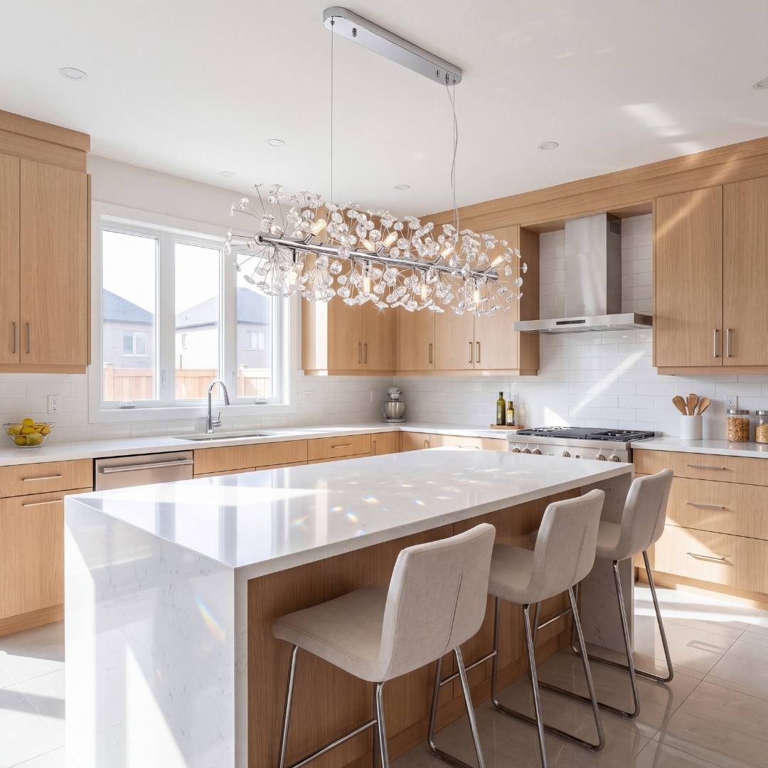 Lámpara decorativa de cristal colgada sobre una isla de cocina moderna