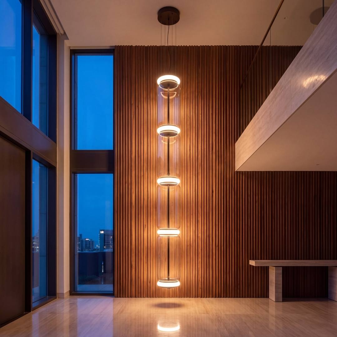 Lámpara colgante LED ALTEA Black encendida en hall de doble altura con muro de nogal