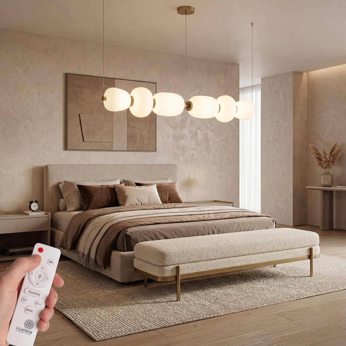 Lampara colgante led para dormitorio principal de estilo japandi con iluminacion suave