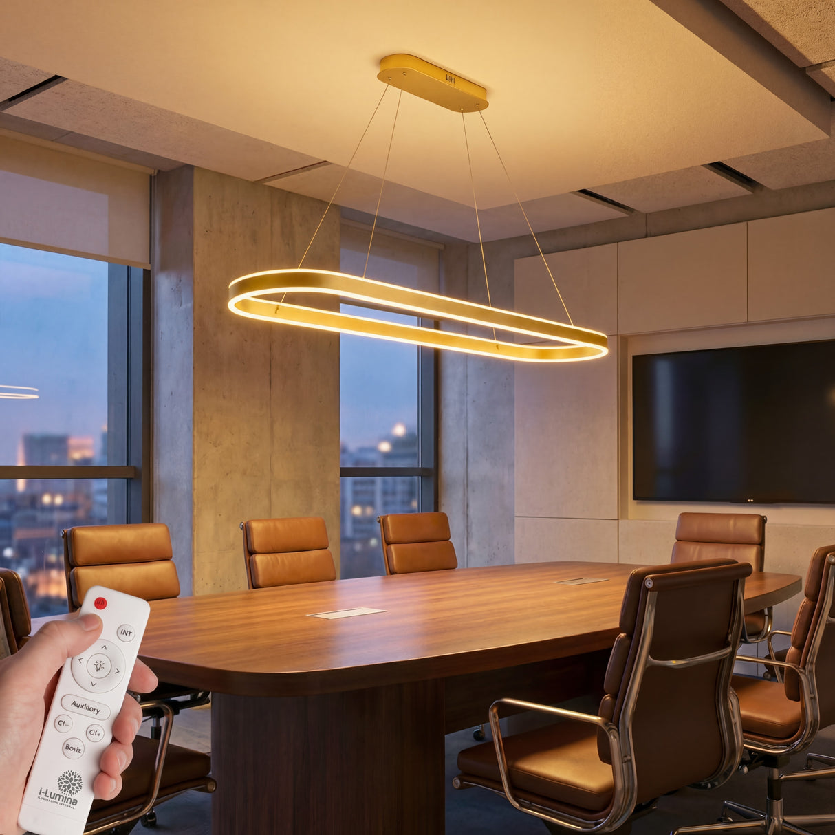 Lámpara LED colgante de diseño ovalado dorado en una sala de juntas moderna con control remoto.