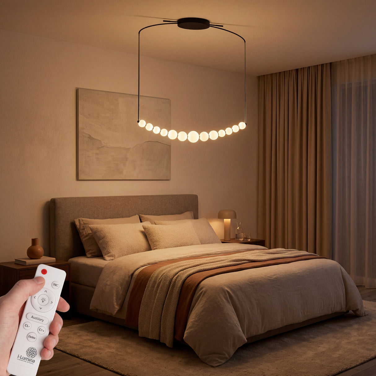 Lampara colgante LED Perla Black en dormitorio moderno con luz calida
