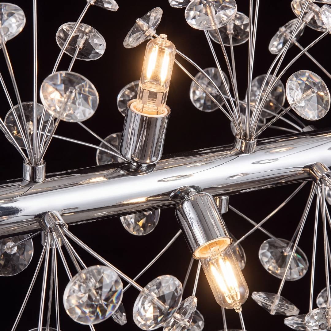 Detalle de los sockets G9 cromados de la lámpara colgante de cristal MESSIE