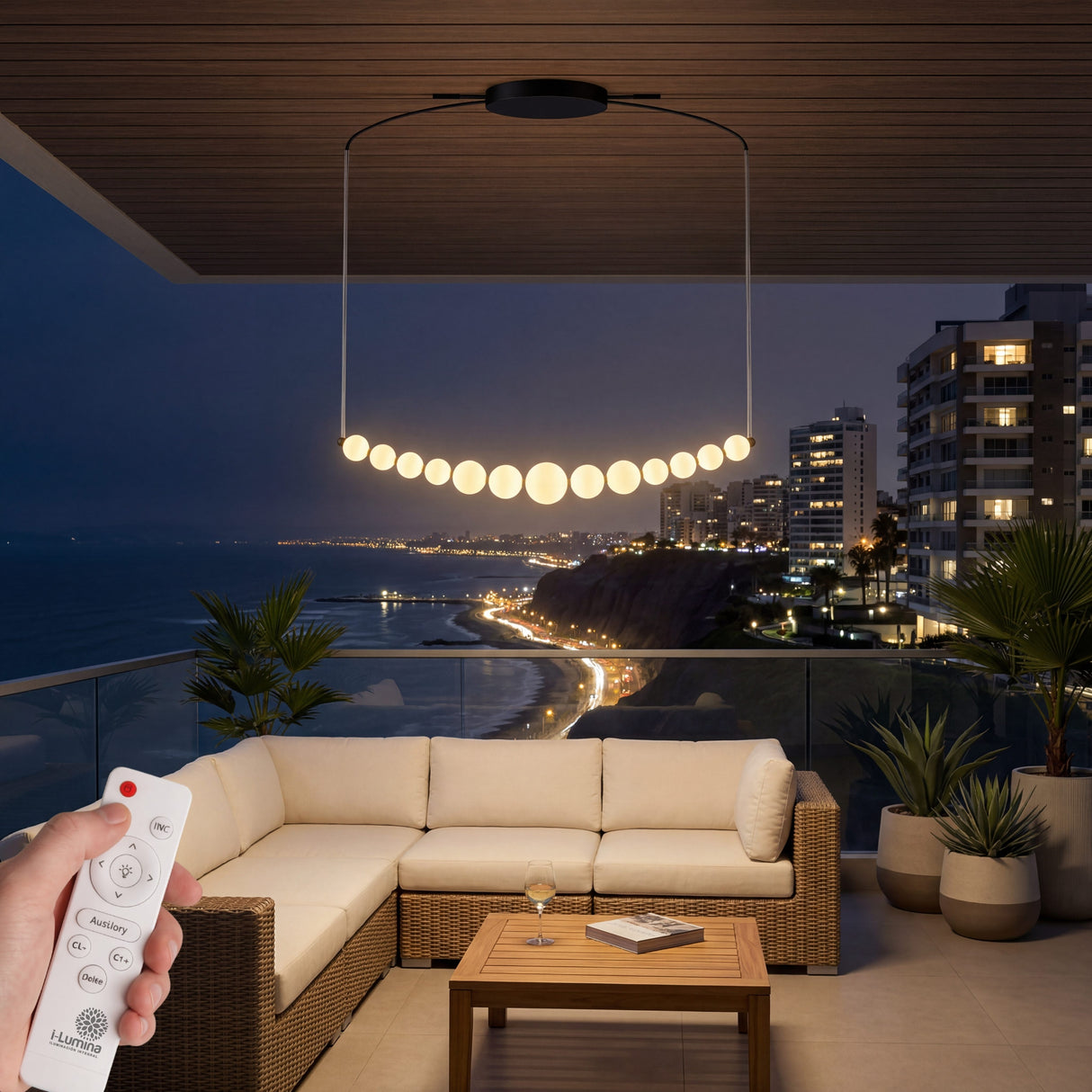 Iluminacion decorativa para terraza de lujo con lampara colgante minimalista