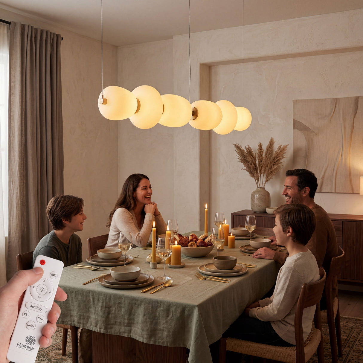 Familia disfrutando cena bajo luz calida de lampara colgante pebble line en comedor