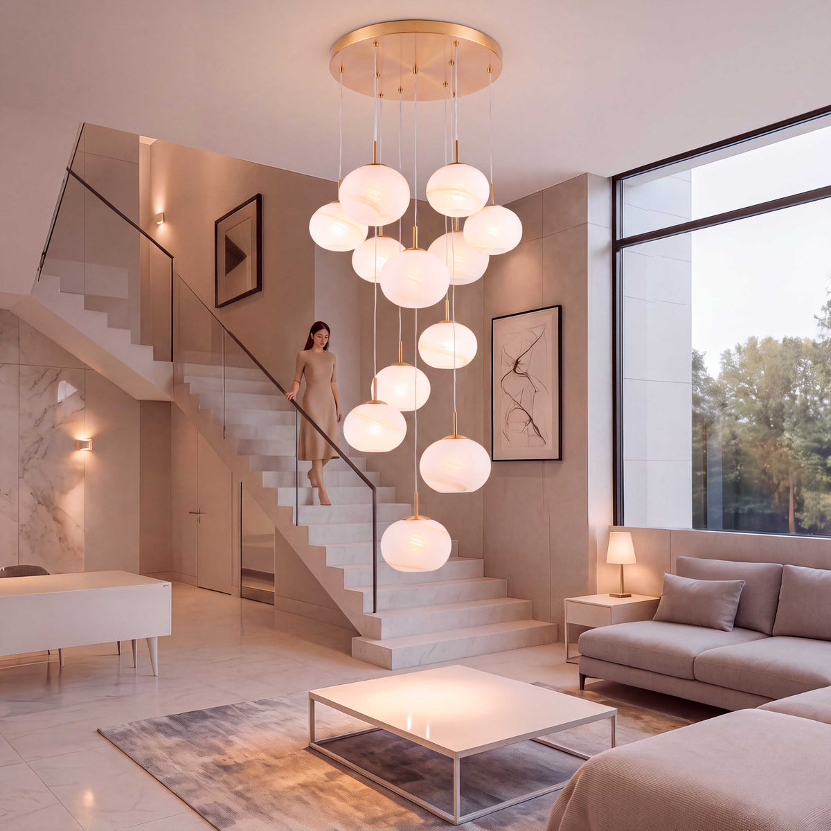 Lámpara colgante OPALA iluminando sala moderna con escalera de doble altura