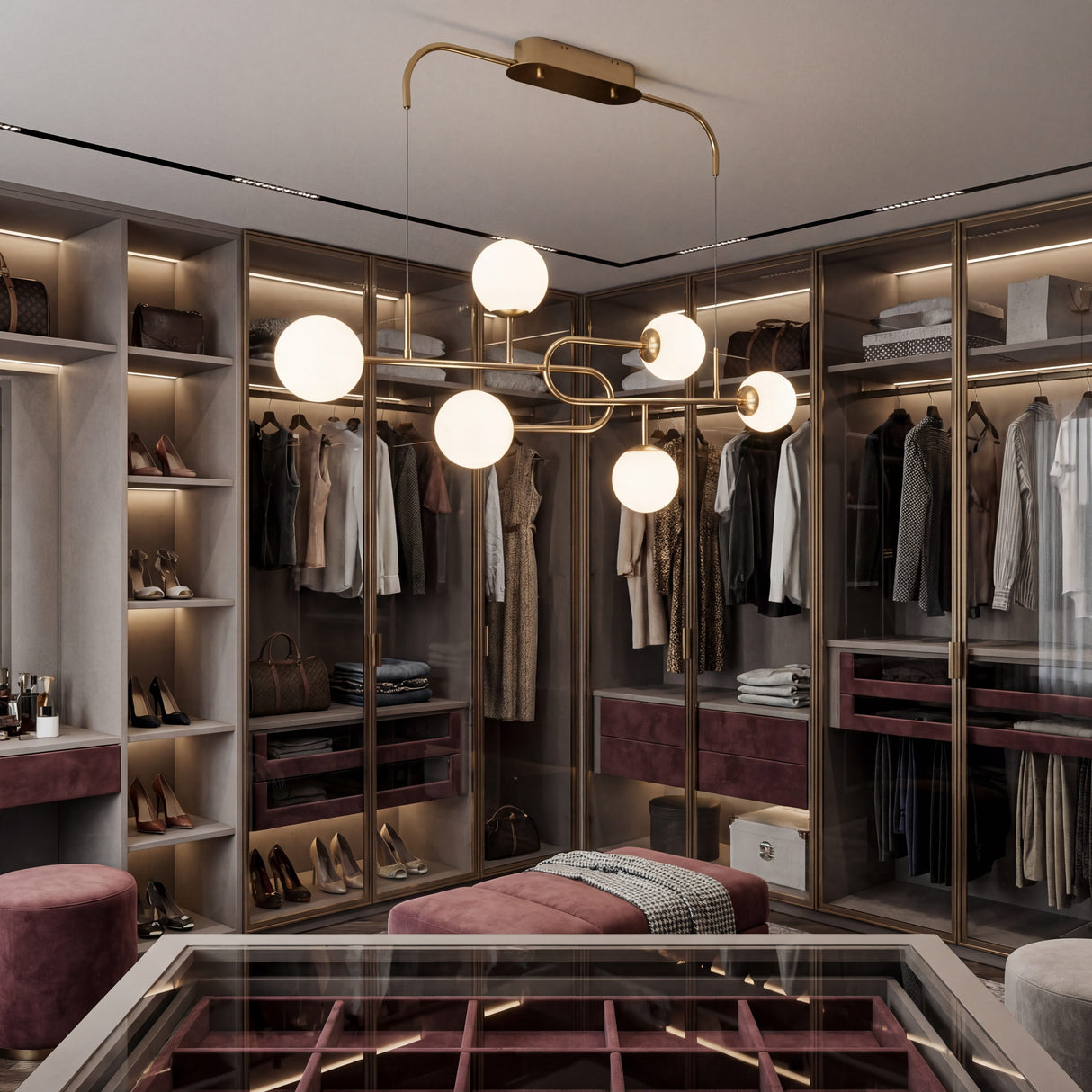 Iluminacion moderna para walk-in closet o vestidor amplio con acabados premium.