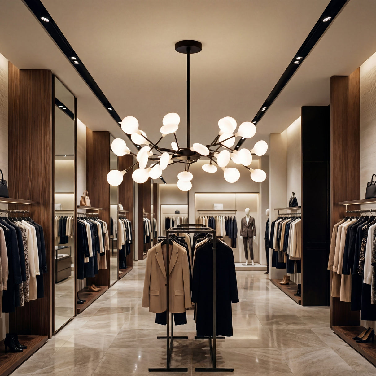 Iluminacion profesional para boutiques y tiendas de ropa usando lamparas Sputnik Nativa.