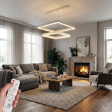 Lámpara de diseño nórdico blanco instalada en sala acogedora con chimenea