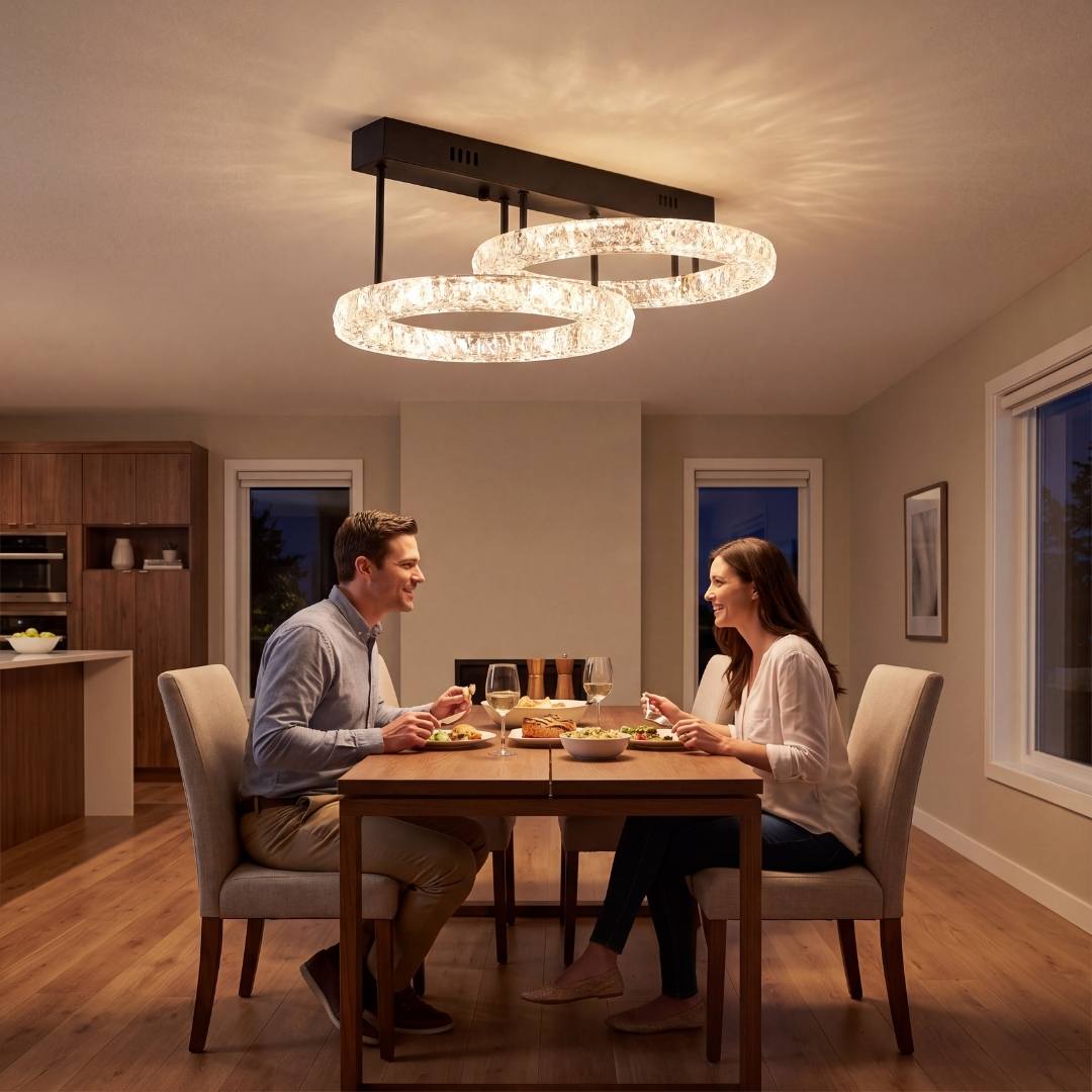 Pareja cenando bajo lámpara de comedor LED de dos anillos encendida