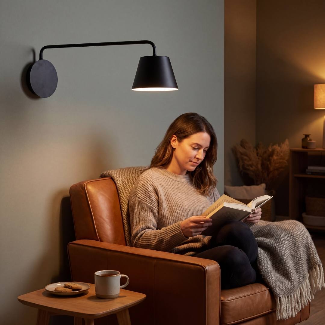 Mujer leyendo en sillón de cuero bajo lámpara de lectura de pared OSLO