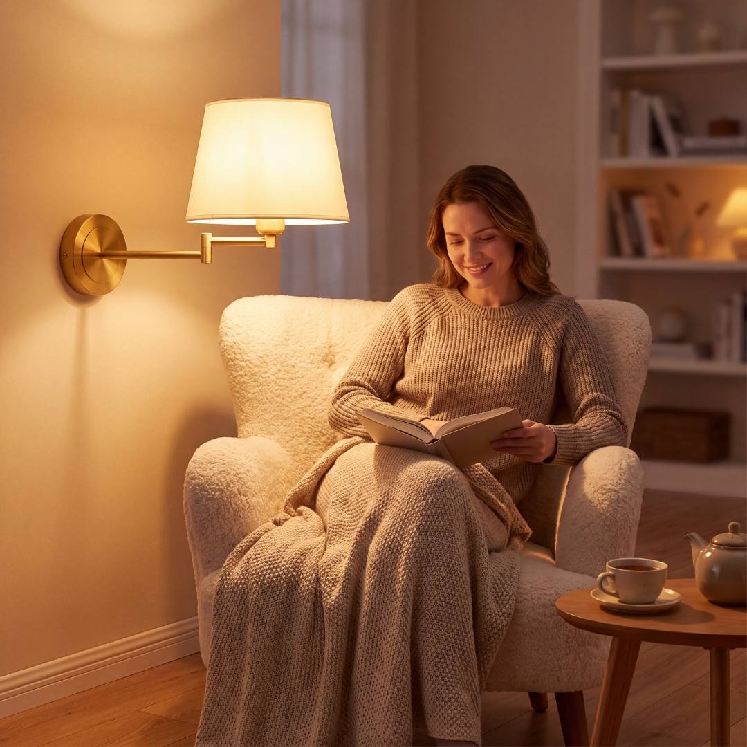 Mujer leyendo en sillón bajo lámpara de lectura de pared dorada