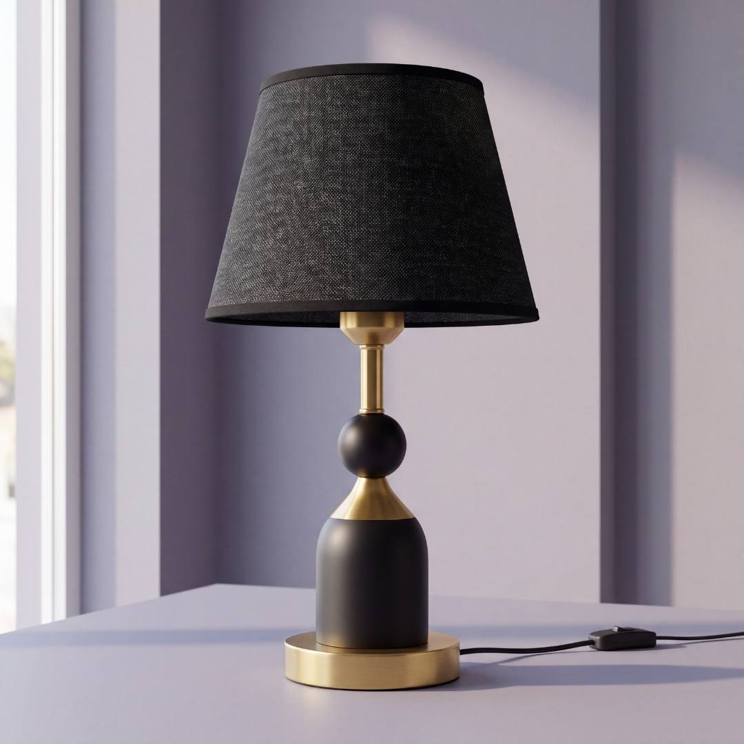 Lámpara de mesa ALBA BLACK AND GOLD con esfera negra, acentos dorados y pantalla negra