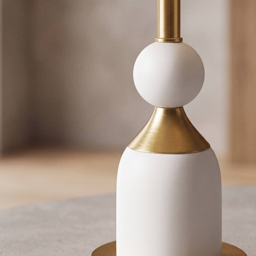 Detalle de la esfera blanca y el cono dorado cepillado del cuerpo