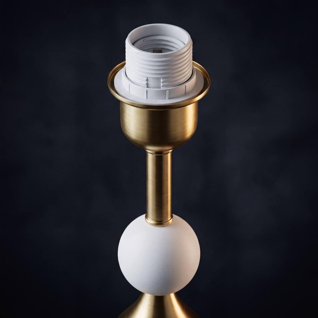 Cuerpo blanco y dorado de la lámpara con su socket E27 a la vista