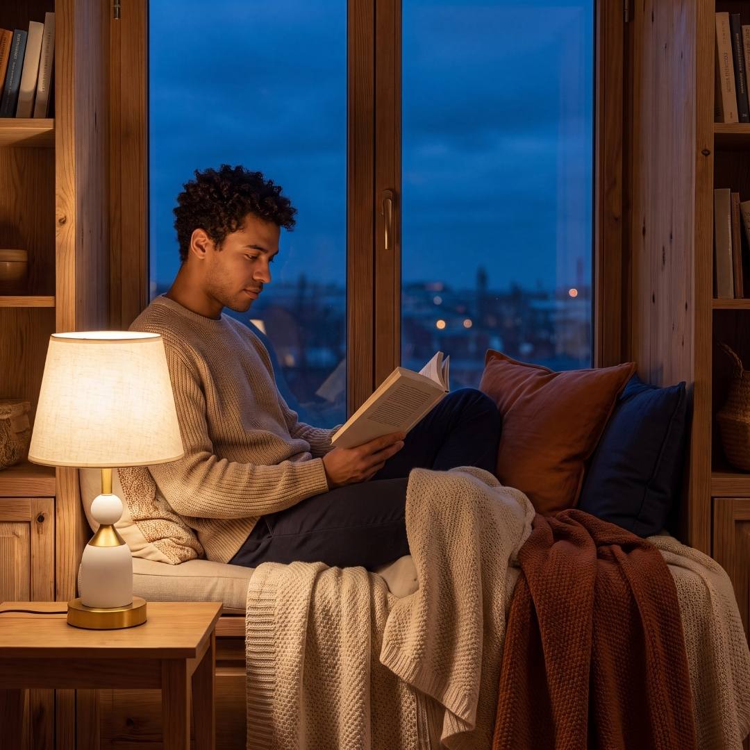 Hombre leyendo en el sillón junto a la luz cálida de la lámpara