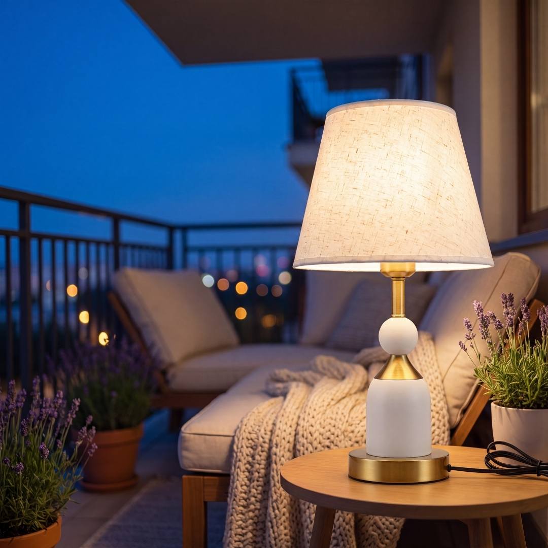 Lámpara encendida con luz cálida en terraza al anochecer