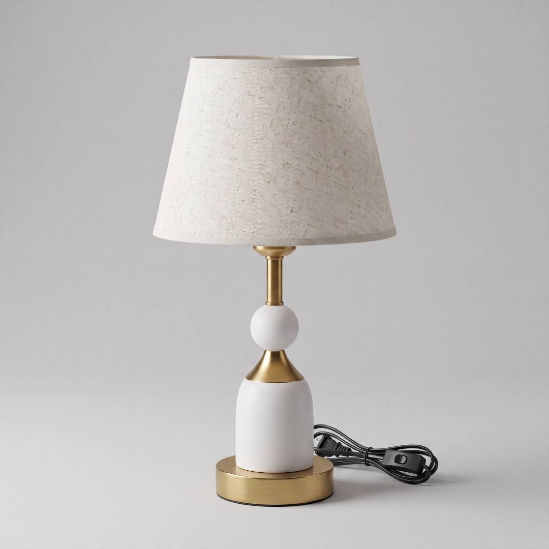 Lámpara de mesa blanca con base dorada sobre fondo gris claro