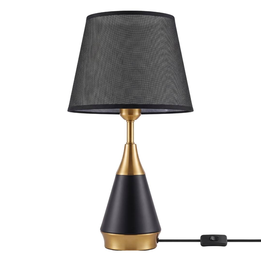 Lámpara de mesa Amira Gold negra con dorado sobre fondo blanco