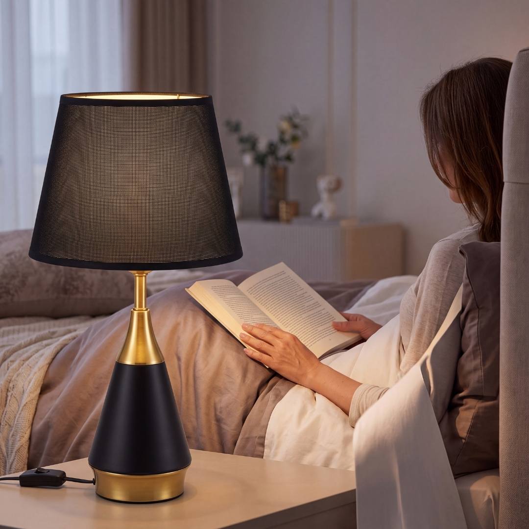 Mujer leyendo junto a la luz cálida de la lámpara de mesa negra