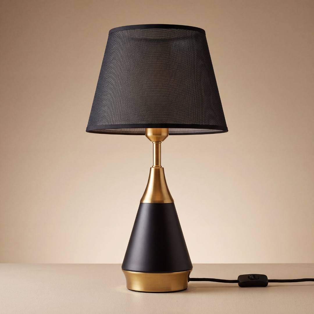 Lámpara de mesa negra con base y cuello dorados sobre fondo beige
