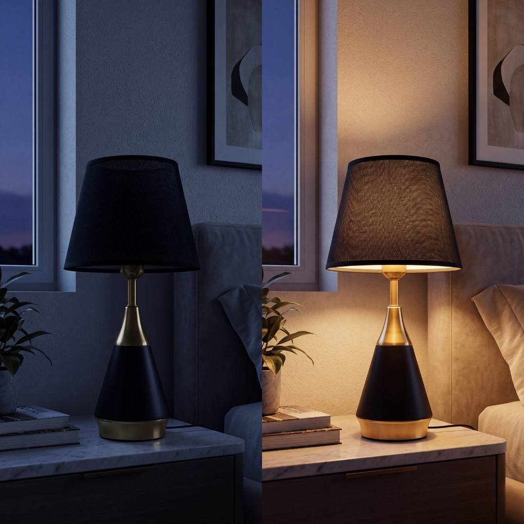 Lámpara de mesa encendida con luz cálida en ambiente nocturno