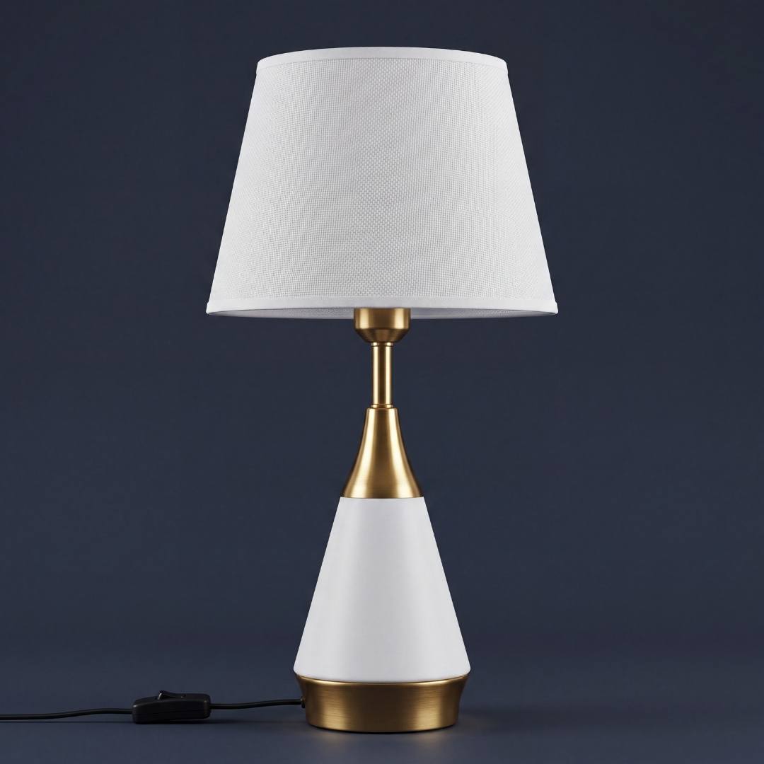 Lámpara de mesa AMIRA WHITE AND GOLD encendida sobre fondo azul oscuro elegante