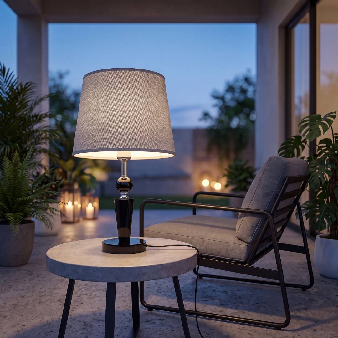 Lámpara encendida con luz cálida en terraza al anochecer