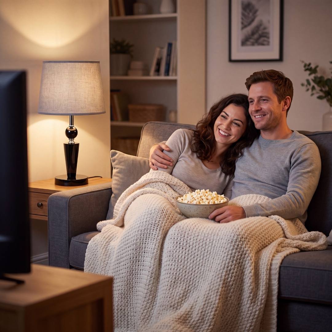Pareja descansando en el sofá junto a la luz cálida de la lámpara