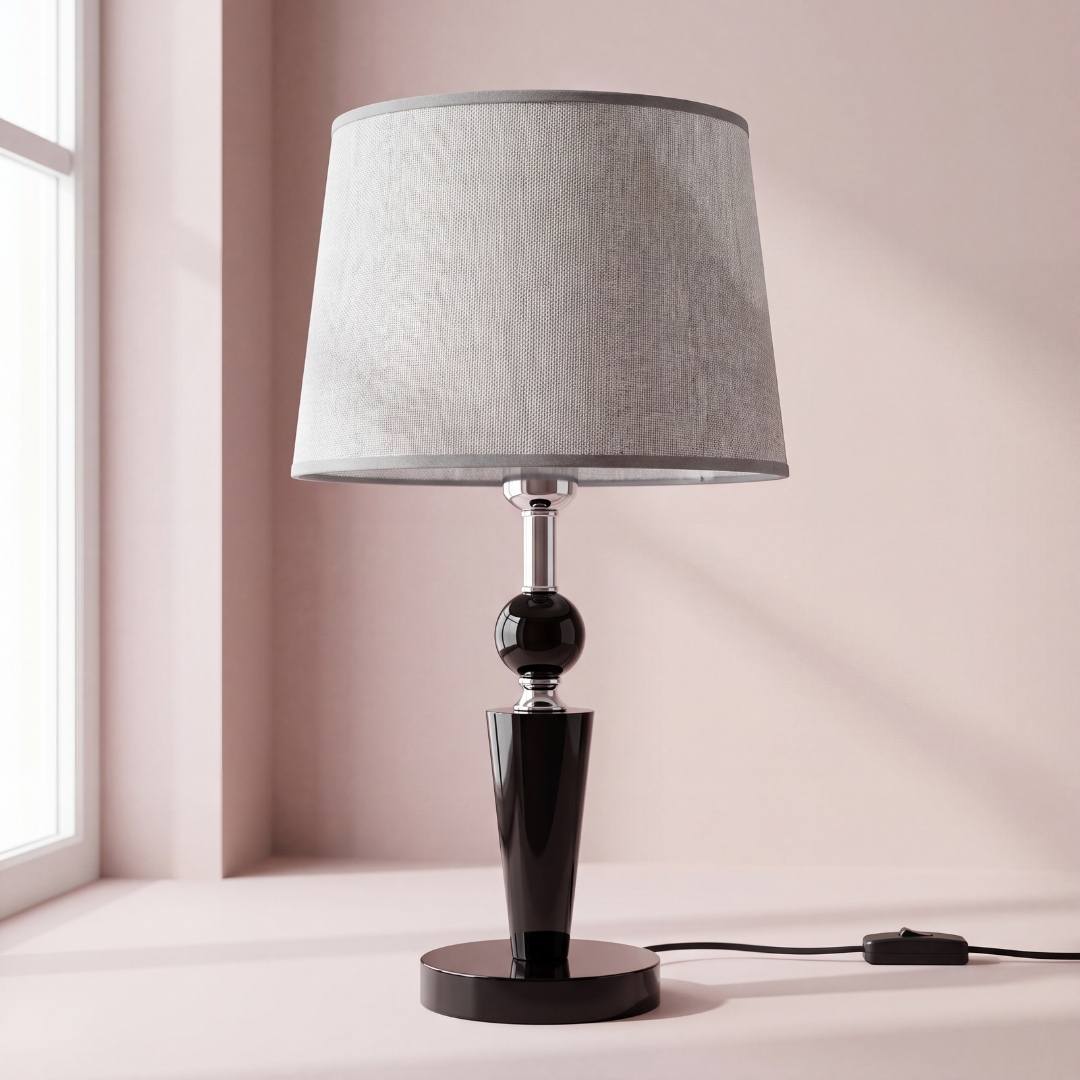 Lámpara de mesa negra brillante con cromo sobre mesa junto a la ventana