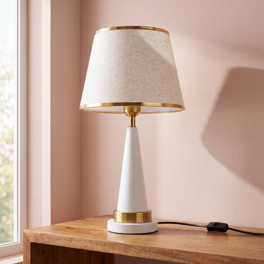 Lámpara de mesa AURELIA WHITE AND GOLD con cuerpo cónico blanco y detalles dorados