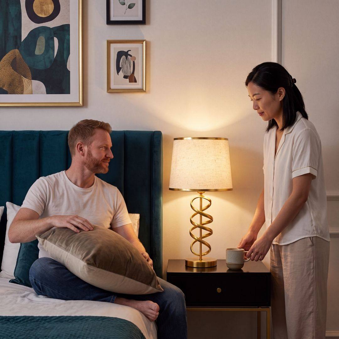 Pareja compartiendo junto a la luz cálida de la lámpara de espiral dorada