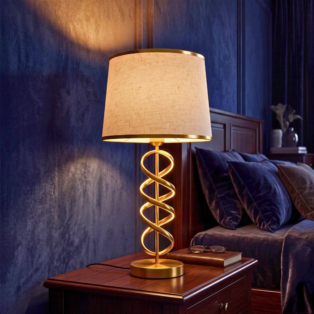 Lámpara de espiral dorada encendida en mesa auxiliar de sala elegante