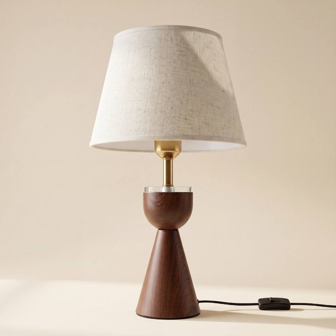 Lámpara de mesa BIANCA WALNUT apagada con cable e interruptor sobre fondo blanco