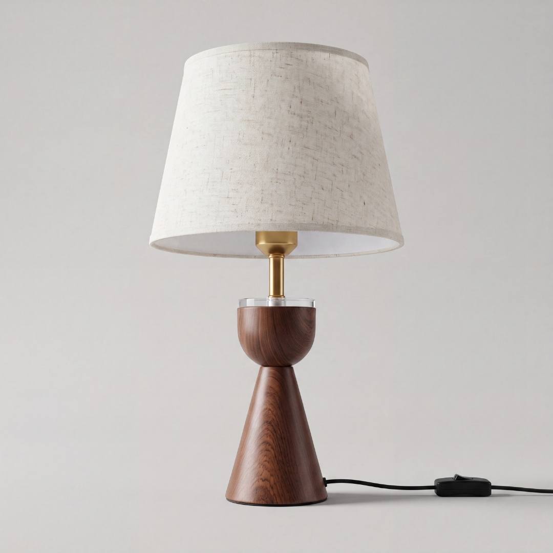 Lámpara de mesa BIANCA WALNUT de madera nogal sobre fondo gris neutro