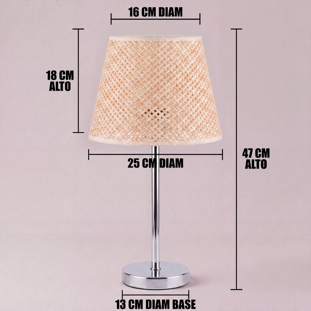 Dimensiones de la lámpara de mesa CAPRI con pantalla de ratán y base cromada