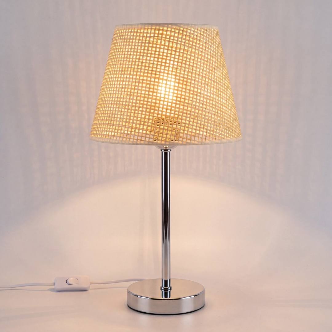 Lámpara de mesa CAPRI encendida mostrando la textura luminosa del ratán