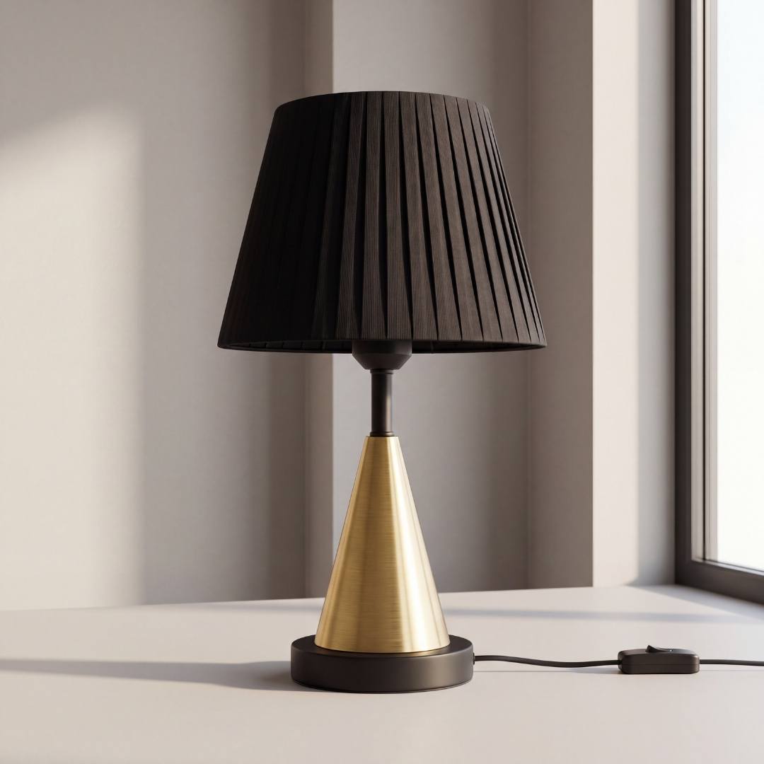 Lámpara de mesa con cono de latón y pantalla plisada negra junto a la ventana
