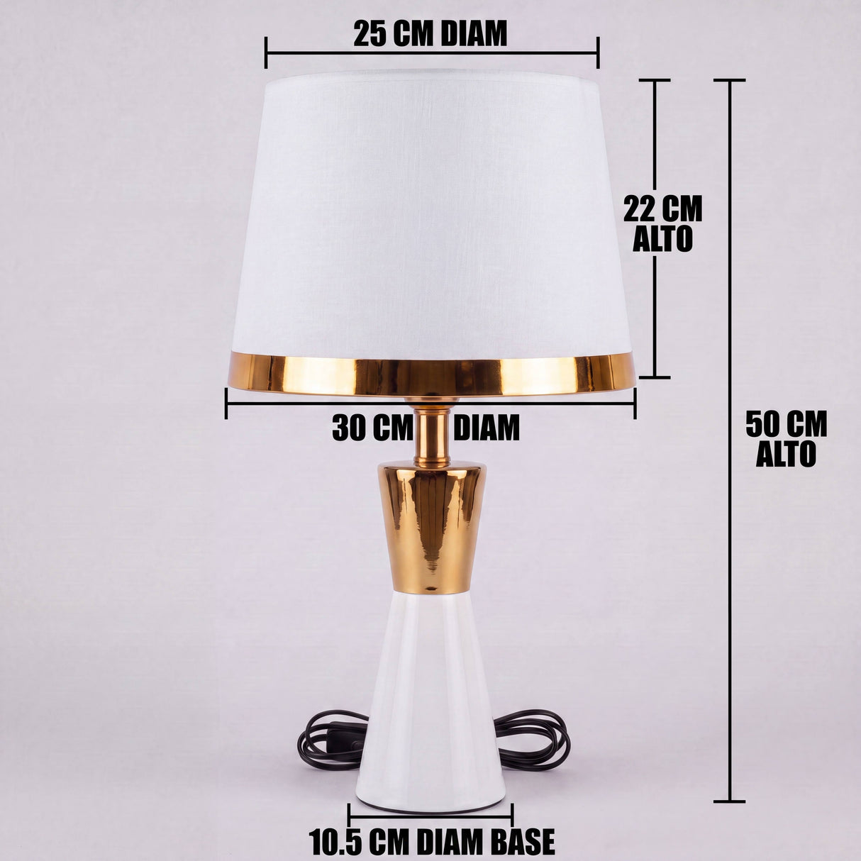 Dimensiones de la lámpara de mesa CLEO GOLD blanca: 50 cm de alto y pantalla de 30 cm