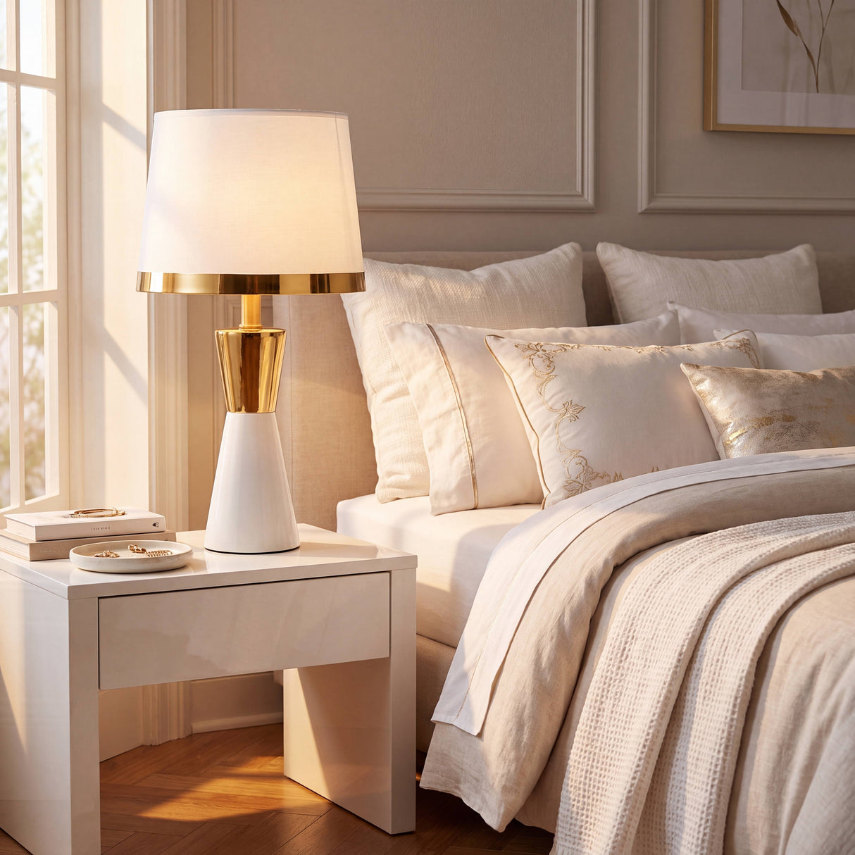 Vista completa de la lámpara de mesa CLEO GOLD blanca con base tipo reloj de arena