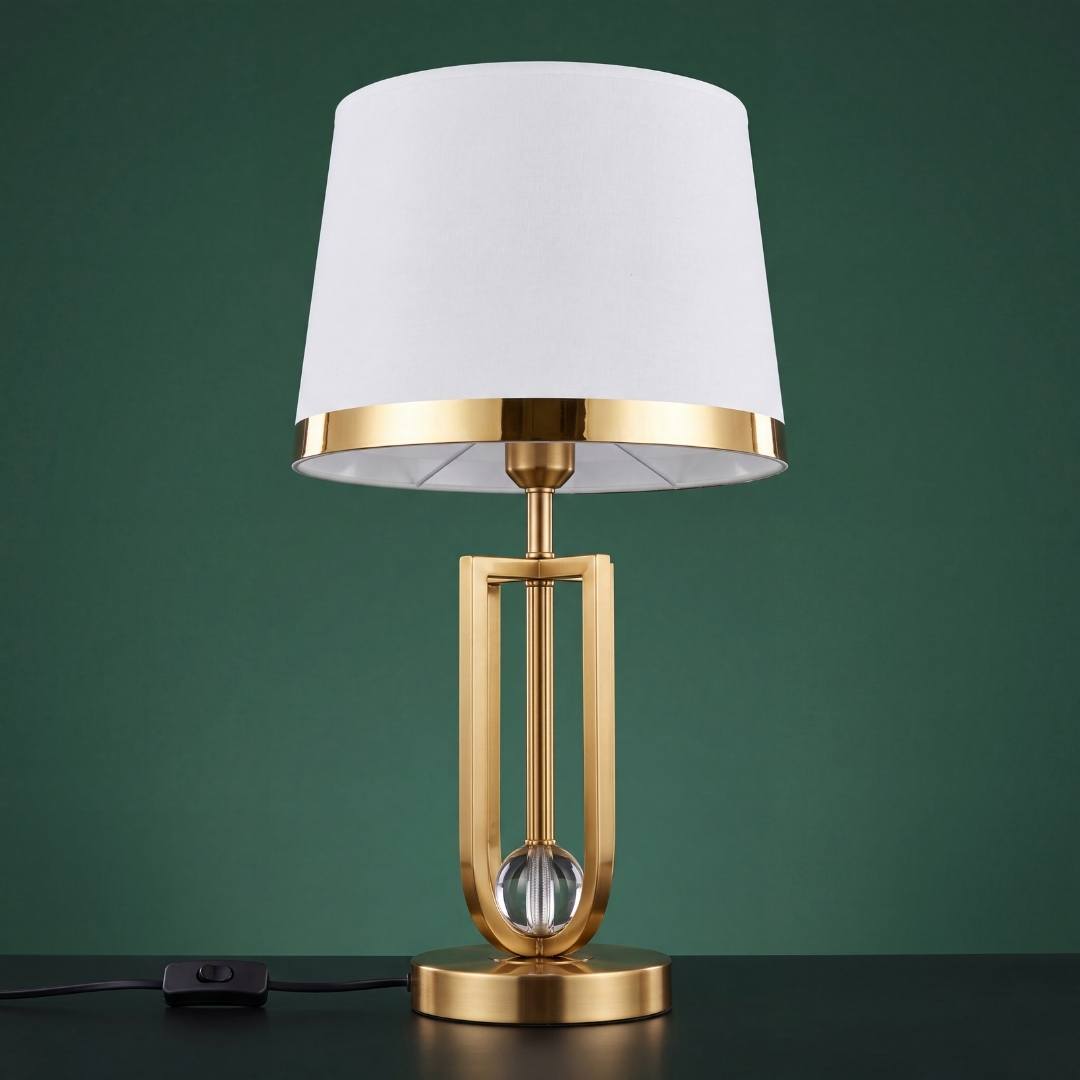 Lámpara de mesa dorada con esfera de cristal sobre fondo verde