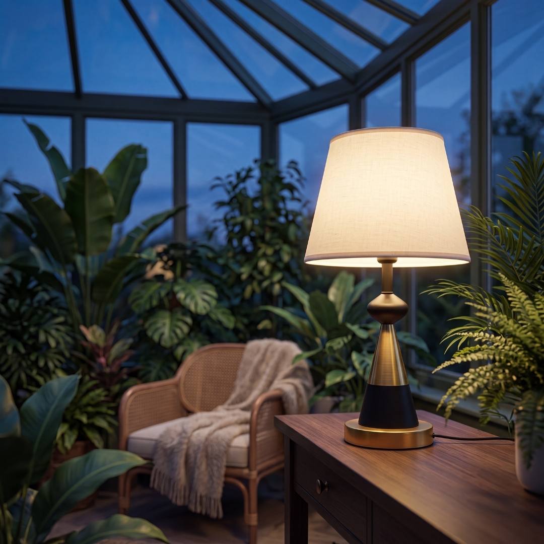 Lámpara encendida con luz cálida en ambiente con plantas