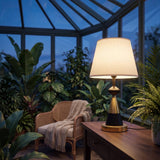 Lámpara encendida con luz cálida en ambiente con plantas