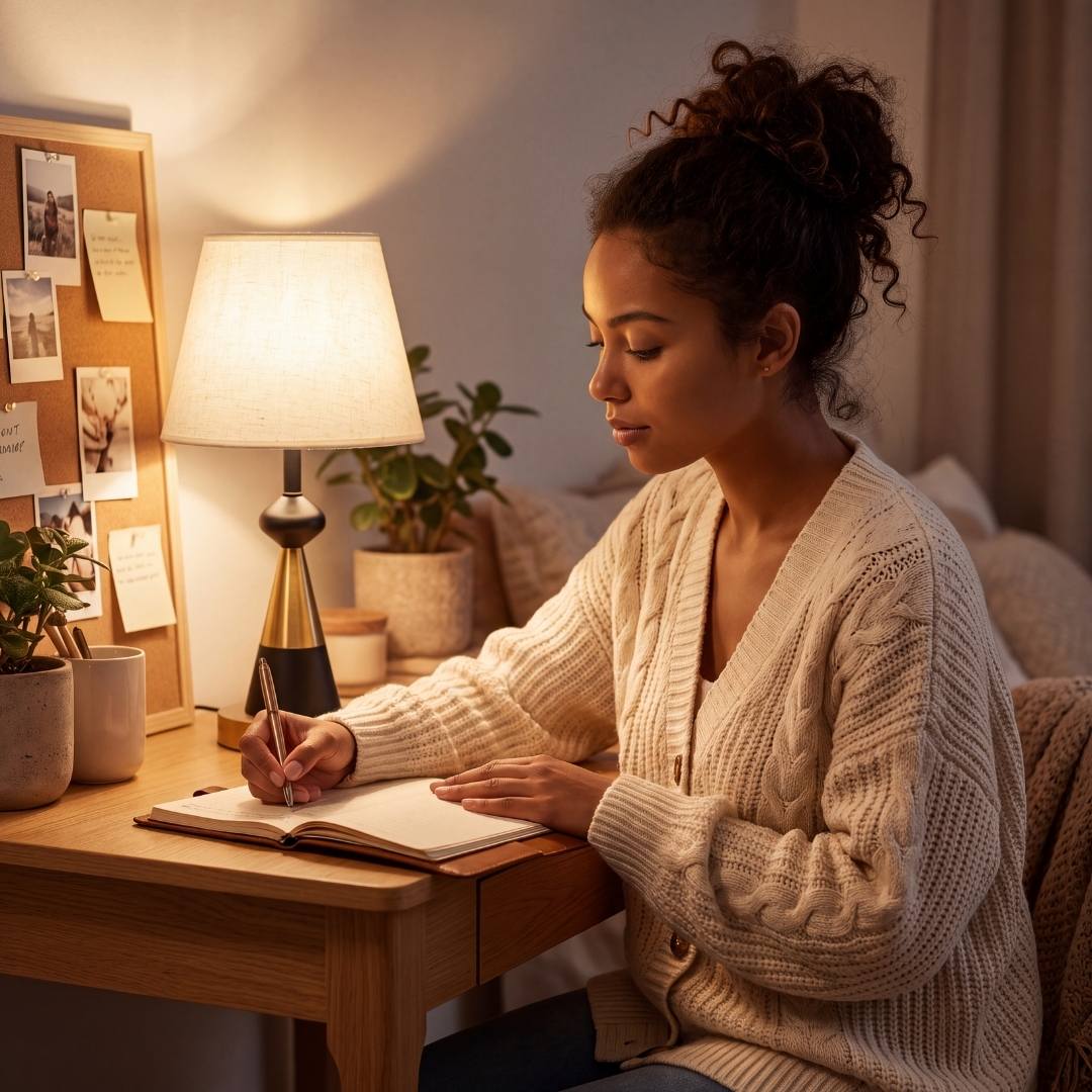 Mujer trabajando en el escritorio junto a la luz cálida de la lámpara